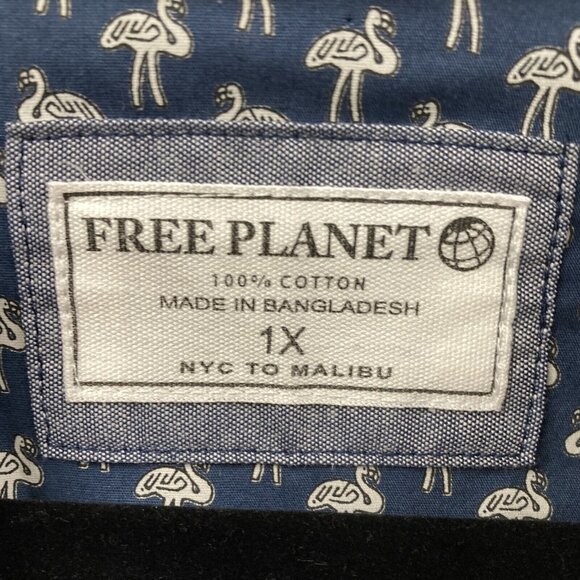 Free Planet Mens Cotton Casual Shirt, Size 1X, Navy Blue White‎ Flamingos Pocket - Picture 2 of 8